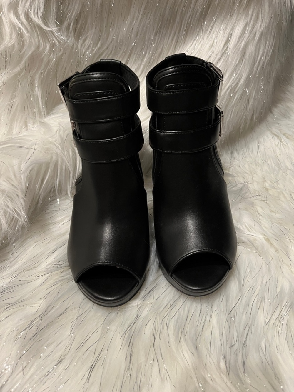 Brash Black Peep-Toe Ankle Booties with Double Straps